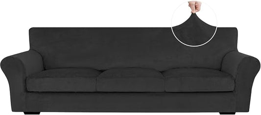 XINEAGE 4-Piece Velvet Oversize Sofa Cover, Couch Covers for Dog,Black | 3 Cushion Large Sofa,Stretch Non-slip Elastic, Pet-friendly, Washable, Fast Setup, Soft Plush Fabric, Furniture Protector. by XINEAGE