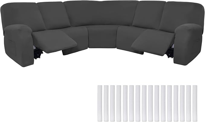 Peryiter 7 Pcs L Shape Sectional Recliner Sofa Covers 5 Seat Sectional Couch Covers Milk Silk Velvet Stretch Reclining Sofa Slipcover Furniture Protector for Living Room(Dark Gray,Milk Silk) by Peryiter