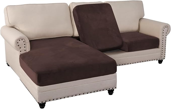 PrinceDeco Sectional Couch Covers 3 Pieces Velvet Sofa Covers L Shape Soft Couch Covers for Sectional Sofa Corner Sofa Cover Couch Cover for Dogs Washable (2 Seater + 1 Chaise,Brown) by PrinceDeco