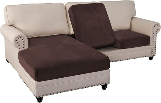 PrinceDeco Sectional Couch Covers 3 Pieces Velvet Sofa Covers L Shape Soft Couch Covers for Sectional Sofa Corner Sofa Cover Couch Cover for Dogs Washable (2 Seater + 1 Chaise,Brown) by PrinceDeco