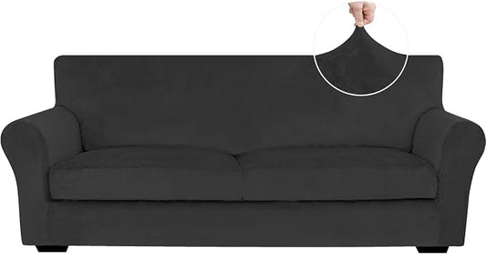 XINEAGE 3-Piece Velvet Sofa Cover,Couch Covers for Dog,Black | 2 Cushion Sofa,Stretch Non-slip Elastic, Pet-friendly, Washable, Fast Setup, Soft Plush Fabric, Furniture Protector. by XINEAGE