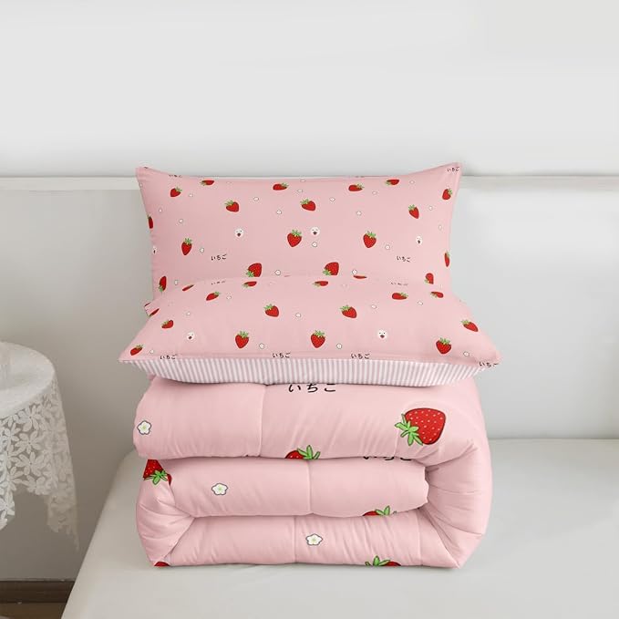 Kawaii Bedding, Pink Strawberry Decor Comforter Set Full, for Women Girls Kids Kawaii Room Decor, Cute Strawberry Duvet Set Reversible Cute Kawaii Strawberry Quilt Duvet Set with 2 Pillowcases - Image 7