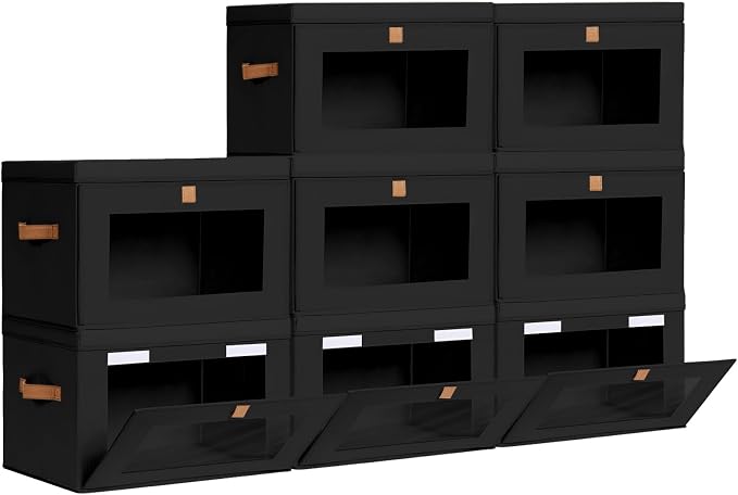 Homsorout Large Closet Storage Bins - Collapsible Clothes Organizer with Handles & Window, Decorative Boxes with Lids, Linen Closet Organizers for Living Room, Dorm, 8 Pack, Black by Homsorout