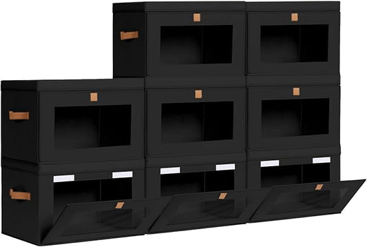 Homsorout Large Closet Storage Bins - Collapsible Clothes Organizer with Handles & Window, Decorative Boxes with Lids, Linen Closet Organizers for Living Room, Dorm, 8 Pack, Black by Homsorout