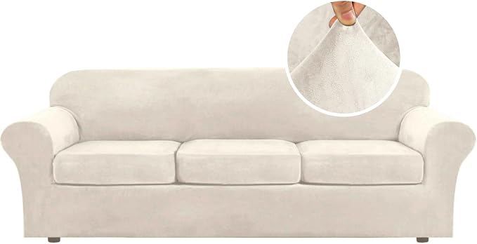 H.VERSAILTEX Modern Velvet Plush 4 Piece High Stretch Sofa Slipcover Furniture Protector Form Fit Luxury Thick Velvet Extra Large Sofa Cover for 3 Cushion Couch Width Up to 105 Inch(XL Sofa, Ivory) by HVERSAILTEX
