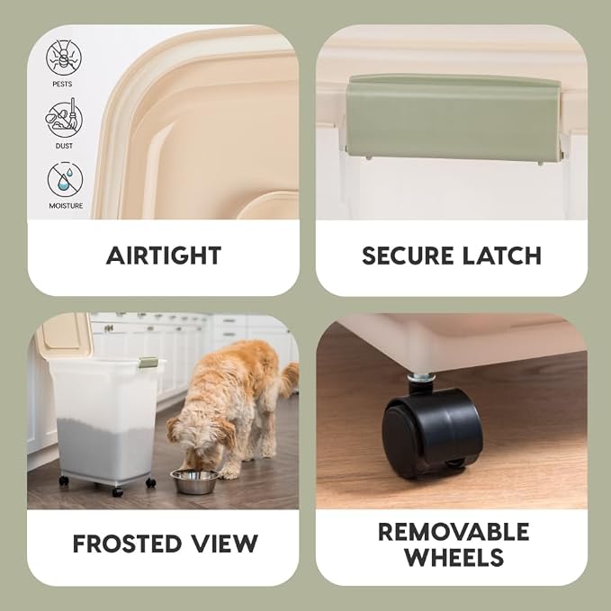 IRIS USA Airtight Dog Food Storage Container, WeatherPro, Up to 40 lbs, Removable Wheels, for Dog Cat Bird and Other Pet Food Storage Bin, Keep Fresh, Translucent Body, Made in USA, Almond/Pearl - Image 5