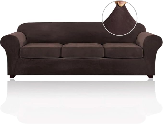 PrinceDeco Velvet Couch Covers for Sofa Soft 4 Pieces Couch Covers for 3 Cushion Couch Sofa Pet Friendly Furniture Protector with Non Slip Elastic Bottom Width Up to 97 Inch (Large Sofas, Brown) by PrinceDeco