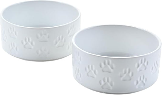 SPUNKYJUNKY Ceramic Dog and Cat Bowls 2 Pack, 5.1'' Dog and Cat Food Water Double Feeding Bowls Non-Slip for Cats and Puppy Small Sized Breed Dogs Microwave Dishwasher Safe - 13.5 OZ, 2pcs, Paw White by SPUNKYJUNKY