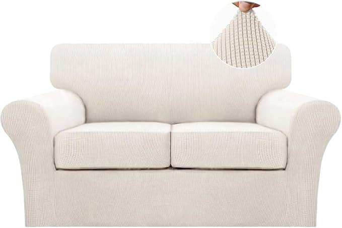 Turquoize 3 Piece Sofa Covers for 2 Cushion Couch Loveseat Slipcover Soft Couch Cover for Dogs-Washable Sofa Furniture Cover with 2 Individual Cushion Covers, Thick Jacquard Fabric (Loveseat, Ivory) by Turquoize