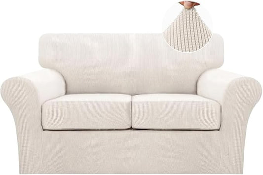 Turquoize 3 Piece Sofa Covers for 2 Cushion Couch Loveseat Slipcover Soft Couch Cover for Dogs-Washable Sofa Furniture Cover with 2 Individual Cushion Covers, Thick Jacquard Fabric (Loveseat, Ivory) by Turquoize