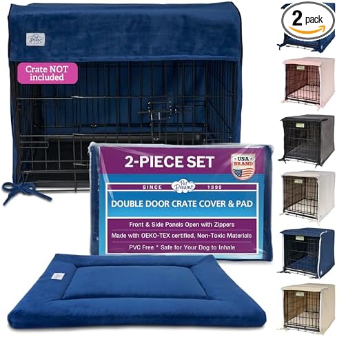 Pet Dreams Dog Crate Cover & Mat- Breathable Non-Toxic Kennel Topper for Double-Door Crates, Fits iCrate Dog Cages 18, 24, 30, 36, 42, 48 Inches (Blue, Small, 24“) by PetDreams