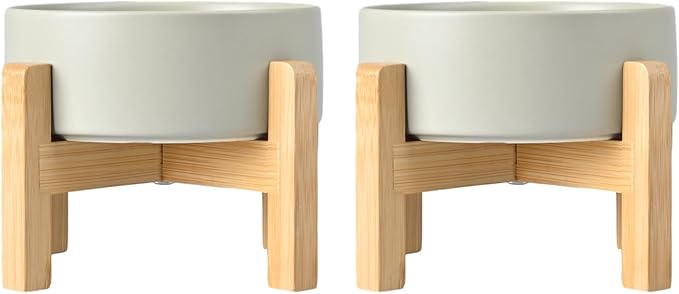 SPUNKYJUNKY Ceramic Elevated Dog Bowls 2 Pack - 6.1inch Raised Dog Bowls with Non-Slip Wooden Stand for Medium Dogs Dishwasher Safe(Grey,28.7OZ*2) by SPUNKYJUNKY