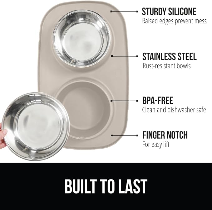GORILLA GRIP Dog Bowl Set with Slip Resistant Silicone Feeding Mat, Food Grade 304 Stainless Steel Bowls, BPA Free, High Edge Spill Containment, Dishwasher Safe, Finger Notch Removal, 1 Cup, Beige - Image 2