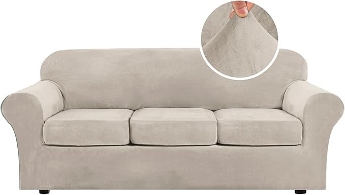 H.VERSAILTEX Modern Velvet Plush 4 Piece High Stretch Sofa Slipcover Sofa Cover Furniture Protector Form Fit Thick Velvet Sofa Cover for 3 Cushion Couch Width Up to 90 Inch (Sofa, French Oak) by HVERSAILTEX