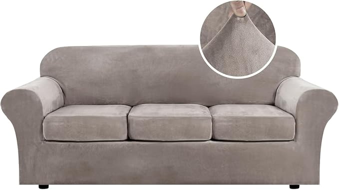 H.VERSAILTEX Modern Velvet Plush High Stretch Sofa Slipcover Furniture Protector Form Fit Luxury Thick Sofa Cover for 3 Cushion Couch, Machine Washable Width Up to 90 Inch (Sofa,Taupe), 4 Piece by HVERSAILTEX