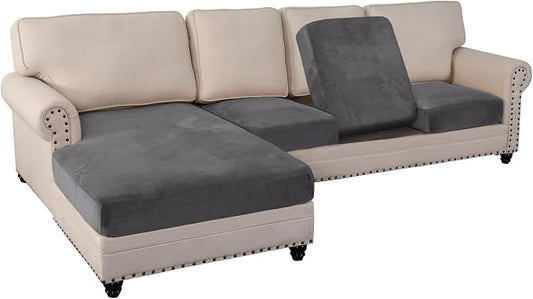 PrinceDeco Sectional Couch Covers 4 Pieces Velvet Separate Couch Cushion Covers L Shape for Left/Right Chaise Sectional Couch with Elastic Bottom (3 Seater + 1 Chaise,Grey) by PrinceDeco