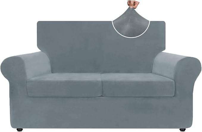 ZNSAYOTX Luxury Velvet Sofa Cover 3 Piece (57"-70") Stretch Loveseat Covers for 2 Cushion Couch Thick Soft Couch Slipcover with Non Slip Strap, Dog Pet Friendly Nice Furniture Protector (Light Grey) by ZNSAYOTX