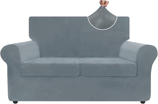 ZNSAYOTX Luxury Velvet Sofa Cover 3 Piece (57"-70") Stretch Loveseat Covers for 2 Cushion Couch Thick Soft Couch Slipcover with Non Slip Strap, Dog Pet Friendly Nice Furniture Protector (Light Grey) by ZNSAYOTX