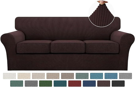 Turquoize 4 Piece Sofa Covers For 3 Cushion Couch Sofa Slipcover Soft Couch Cover For Dogs-Washable Sofa Furniture Covers With 3 Individual Cushion Covers Thick Jacquard Fabric (3 Cushion Sofa, Brown) by Turquoize