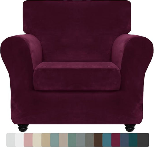 ZNSAYOTX Luxury Velvet Chair Slipcovers with Arm 2 Piece Stretch Chair Covers for Living Room Thick Soft Armchair Slipcover Anti Slip Dog Pet Friendly Furniture Protector (Wine Red),30"-47"(1 CUSHION) by ZNSAYOTX