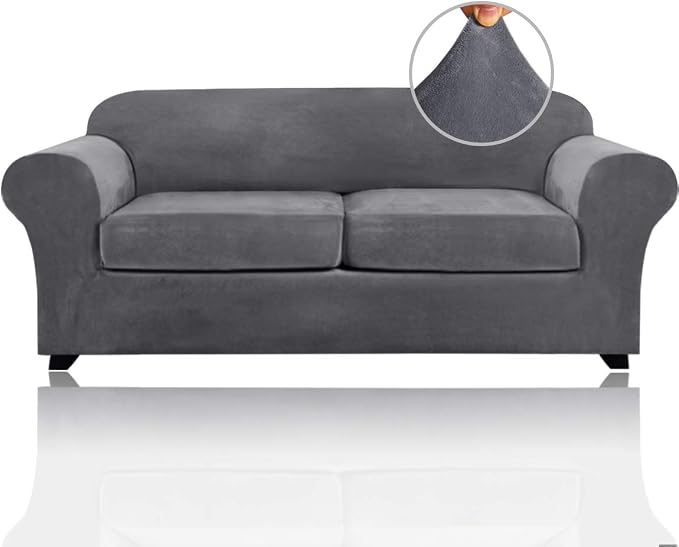 PrinceDeco Couch Cover Velvet Plush Sofa Covers for 2 Cushion Couch Width Up to 90 Inch Washable Furniture Protector Pet Friendly No Slip Sofa Slipcover(Medium-Large, Grey) by PrinceDeco