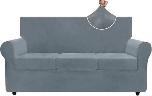 ZNSAYOTX Luxury Velvet Couch Cover 4 Piece (72"-92") Stretch Sofa Covers for 3 Cushion Couch Thick Soft Sofa Slipcover with Non Slip Strap, Dog Pet Friendly Nice Furniture Protector (Light Grey) by ZNSAYOTX
