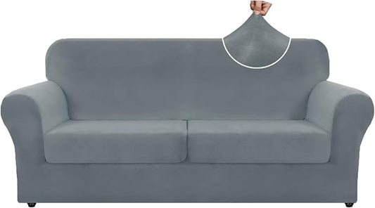 ZNSAYOTX Oversized Velvet 3 Piece Couch Cover with 2 Extra Large Seat Cushion Covers Stretch Sofa Cover for 2 Cushion Couch Thick Soft Loveseat Sofa Slipcover (Light Grey),72"-92"(2 Cushions) by ZNSAYOTX