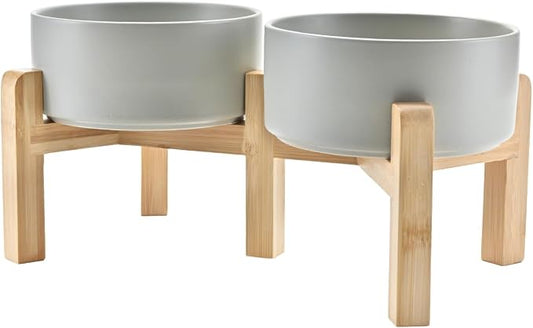 SPUNKYJUNKY Elevated Dog Bowls Ceramic, 6.1'' Dogs and Cat Food Water Bowls Raised with Non-Slip Bamboo Stand for Medium Sized Breed Microwave Dishwasher Safe - 28.7 OZ,Grey by SPUNKYJUNKY