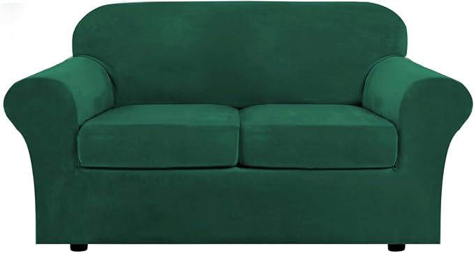 H.VERSAILTEX Real Velvet Plush 3 Piece Stretch Sofa Covers Couch Covers for 2 Cushion Couch Loveseat Covers Width Up to 72 Inch Feature Thick Soft Stay in Place (Medium Sofa, Vintage Green) by HVERSAILTEX