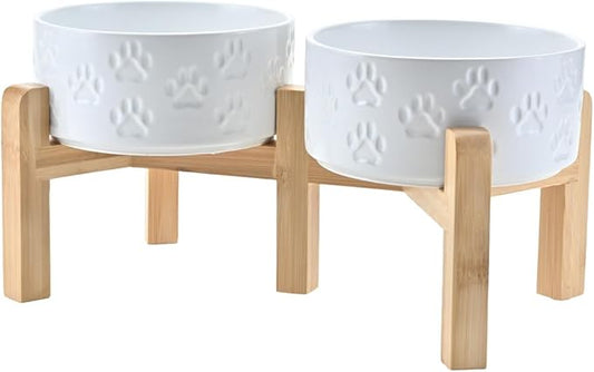 SPUNKYJUNKY Elevated Dog Bowls Ceramic, 6.1'' Dogs and Cat Food Water Bowls Raised with Non-Slip Bamboo Stand for Medium Sized Breed Microwave Dishwasher Safe - 28.7 OZ,Paw White by SPUNKYJUNKY