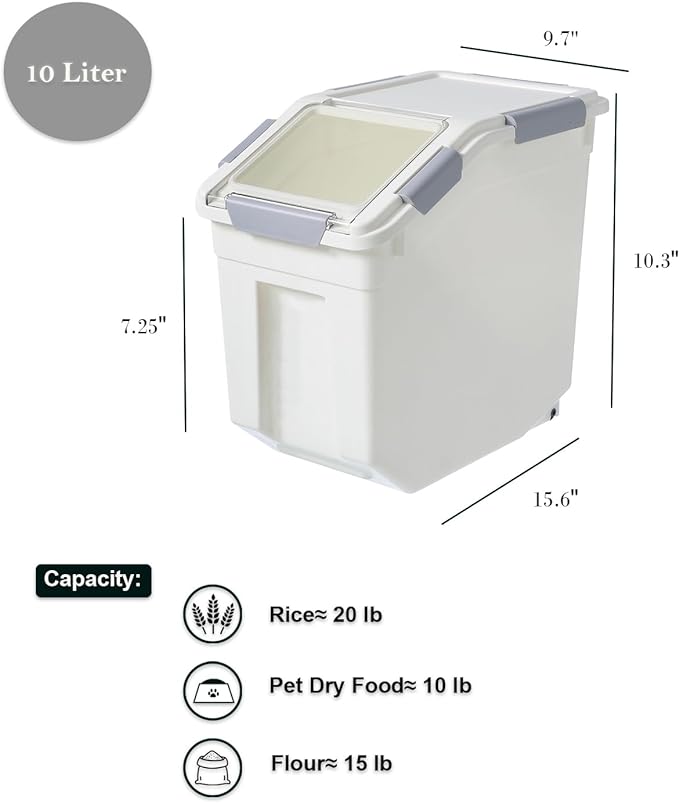 HANAMYA 10 Liter / 20 lbs Rice Storage Container with Measuring Cup, BPA free, For Rice | Grain | Pet Food | Flour, 1 count, White - Image 3