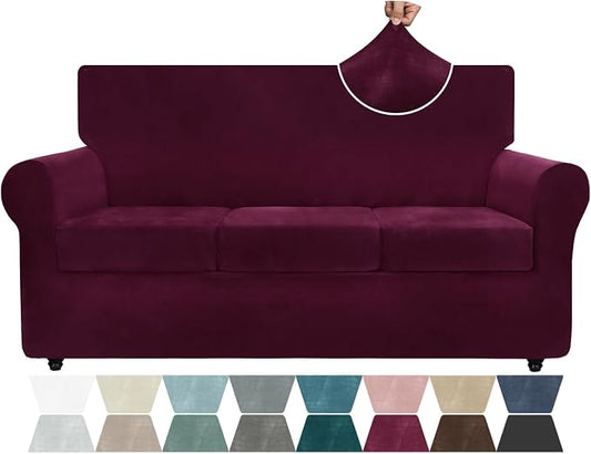 ZNSAYOTX Luxury Velvet Couch Cover 4 Piece (72"-92") Stretch Sofa Covers for 3 Cushion Couch Thick Soft Sofa Slipcover with Non Slip Strap, Dog Pet Friendly Nice Furniture Protector (Wine Red) by ZNSAYOTX
