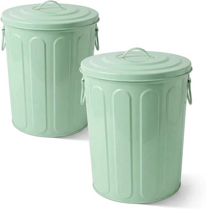 Plexon 5 Gallon Small Metal Trash Can with Lid Outdoor Galvanized Steel Bucket with Lid 5 Gal Storage Can for Dog Food Bird Seed Storage Container, Green 2 Pack by Plexon