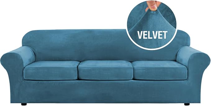 H.VERSAILTEX Velvet 4 Piece High Stretch Sofa Slipcover Cover Furniture Protector Form Fit Thick Velvet Extra Large Sofa Cover for 3 Cushion Couch Width Up to 105 Inch (XL Sofa, Peacock Blue) by HVERSAILTEX