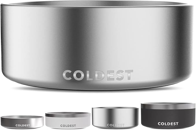 Coldest Dog Bowl - Anti Rust Metal, Non Slip, 3 Layers Insulated Stainless Steel Dog Bowls - Spill Proof & Heavy Duty - Water Bowl for Dogs, Cats, Dish Washer Safe (64 oz, Polished Stainless Steel) by Coldest
