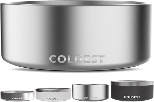 Coldest Dog Bowl - Anti Rust Metal, Non Slip, 3 Layers Insulated Stainless Steel Dog Bowls - Spill Proof & Heavy Duty - Water Bowl for Dogs, Cats, Dish Washer Safe (64 oz, Polished Stainless Steel) by Coldest