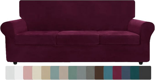 ZNSAYOTX Oversized Velvet Couch Cover 4 Piece (92"-115") Stretch Sofa Covers for 3 Cushion Couch Thick Soft XL-Slipcover with Non Slip Strap, Dog Pet Friendly Nice Furniture Protector (Wine Red) by ZNSAYOTX