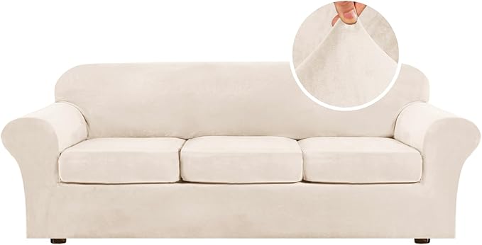 H.VERSAILTEX High Stretch Sofa Slipcover 4 Piece Cover Velvet Furniture Protector Form Fit Thick Velvet Extra Large Sofa Cover for 3 Cushion Couch Width Up to 97 Inch (Large Sofa, Cream) by HVERSAILTEX
