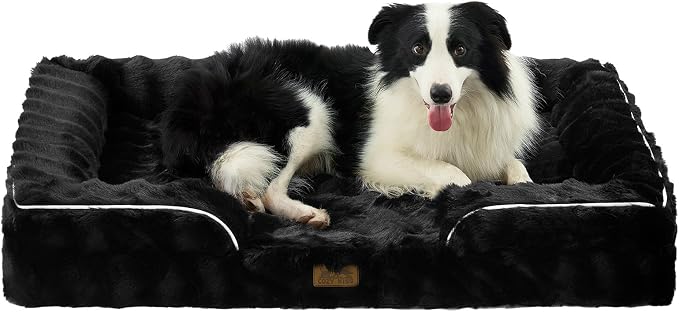 COZY KISS Orthopedic Dog Bed for Extra Large Dog 44x32 inch, XL Faux Fur Pet Sofa, Bolster Foam Bed with Sides, Non-Slip and Egg-Crate Big Dog Couch Bed with Washable Removable Cover, Black by COZYKISS