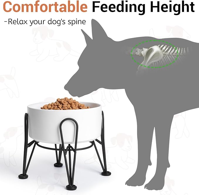 Elevated Dog Bowl, Ceramic Raised Dog Bowl with Anti-Slip and Non-Tip Metal Stand, 1 Pack Pet Food and Water Feeding Bowls for Small and Medium Dogs (White,3.6 Cups) - Image 2