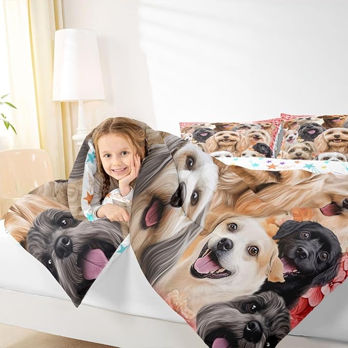 Feelyou Cute Dog Bedding Set Cartoon Animal Comforter Set for Kids Boys Girls Pet Dog Lover Decor Comforter Floral Plants Red Quilt Room 3Pcs Queen Size Boys - Image 7
