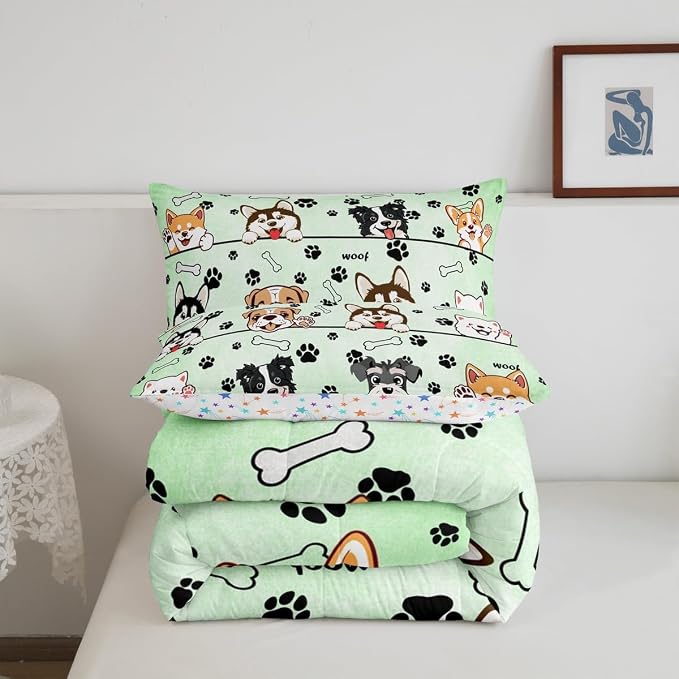 Manfei Cute Dogs Bed Comforter Set Queen Size,Cartoon Puppy Pet Animals Super Soft Microfiber Bedding Set for Adults Teens,Dogs Footprint Kawaii Green Comforter Set,2 Pillowcases - Image 5