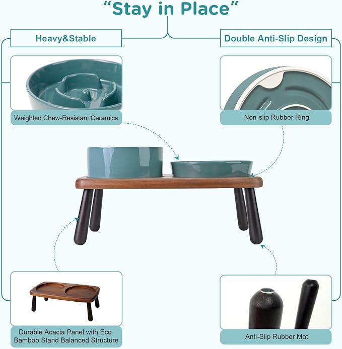 SPUNKYJUNKY Ceramic Elevated Dog Bowls with Slow Feeder Raised with Acacia Bamboo Wooden Stand, 6.1'' Dog and Cat Food Water Bowls Set Non-Slip for Small Medium Sized Breed - Dark Green - Image 4