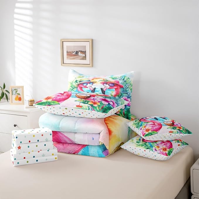 Erosebridal Flamingo King Size 7-Piece Bedding Set, Summer Flamingo Bed in A Bag for Kid Boys Girls Adults, Happy Beach Party Decor Tcomforter Set with Sheets, Wildlife Tropical Flowers Bed Sets - Image 5