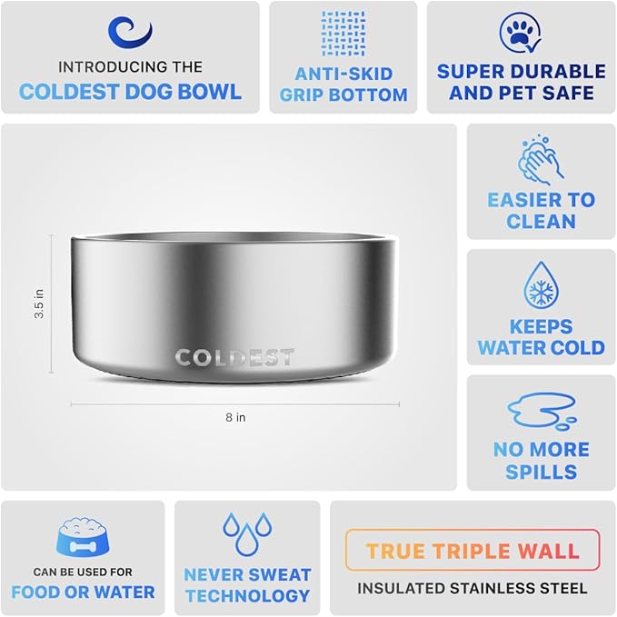 Coldest Dog Bowl - Anti Rust Metal, Non Slip, 3 Layers Insulated Stainless Steel Dog Bowls - Spill Proof & Heavy Duty - Water Bowl for Dogs, Cats, Dish Washer Safe (64 oz, Polished Stainless Steel) - Image 5