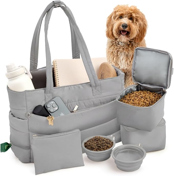 Rubyloo Puffer Dog Travel Bag for Dog Moms, Diaper Bag with Travel Bowls | 2 BPA-Free Collapsible Bowls, 2 Pet Food Containers, 9 Pockets, Everyday Puffer Bag Works With or Without Your Dog, Grey by Rubyloo