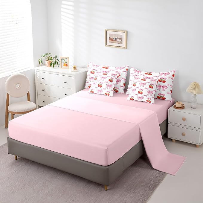 Erosebridal 7 Piece Pink Bowknot Twin Bedding Set for Girls Women,Red Strawberry Fruit Kids Comforter Set for Teens Children,Romantic Valentine Bow Print Duvet Set,Dreamy Princess Style Sheet Set - Image 4