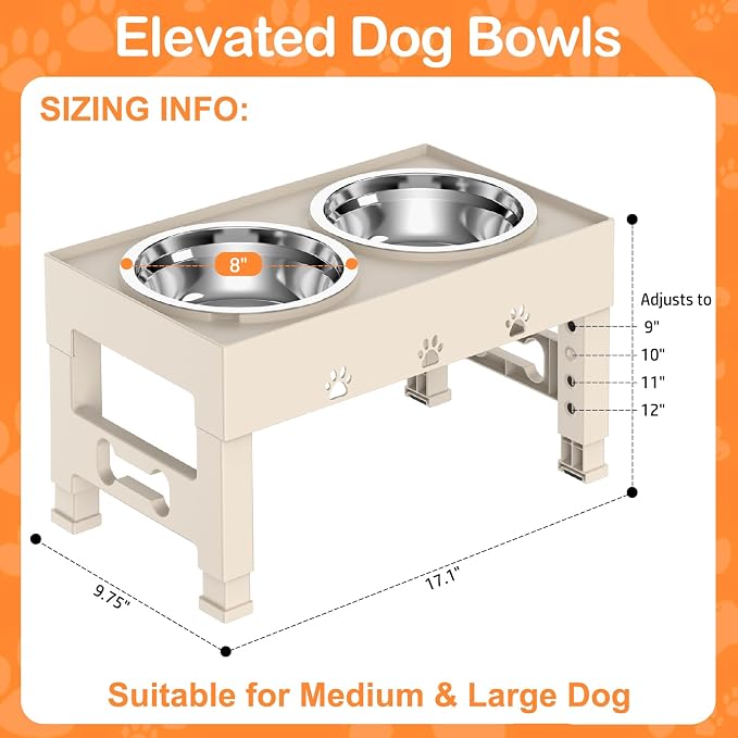 Elevated Dog Bowls with 2 Stainless Steel Bowls, 5-Height Adjustable Stand (3.1", 9" to 12"), for Improved Digestion & Neck Support, Easy Clean, Non-Slip Base Raised Feeder for Medium Large Dogs - Image 5