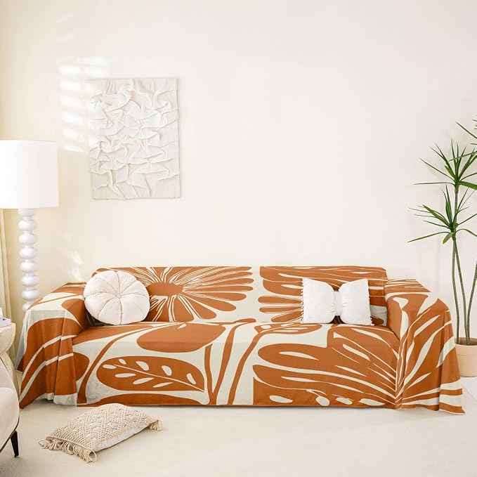 Erosebridal Orange Flower Sofa Cover Boho Floral Couch Cover 71" X 134" Abstract Aesthetic Minimalist Couch Protector Vintage Art 70S Modern Sofa Slipcover for Adult Women Teens, Washable Non Slip by Erosebridal