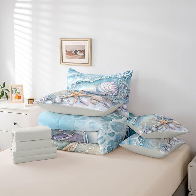 Erosebridal Blue Ocean Coastal Theme Bed in A Bag, Summer Beach Nautical Comforter Set with Sheets King for Kids Boys Girls, Shell Coral Starfish 7 Pcs Bedding Set, Seawaves Ocean Life Bed Sets - Image 5